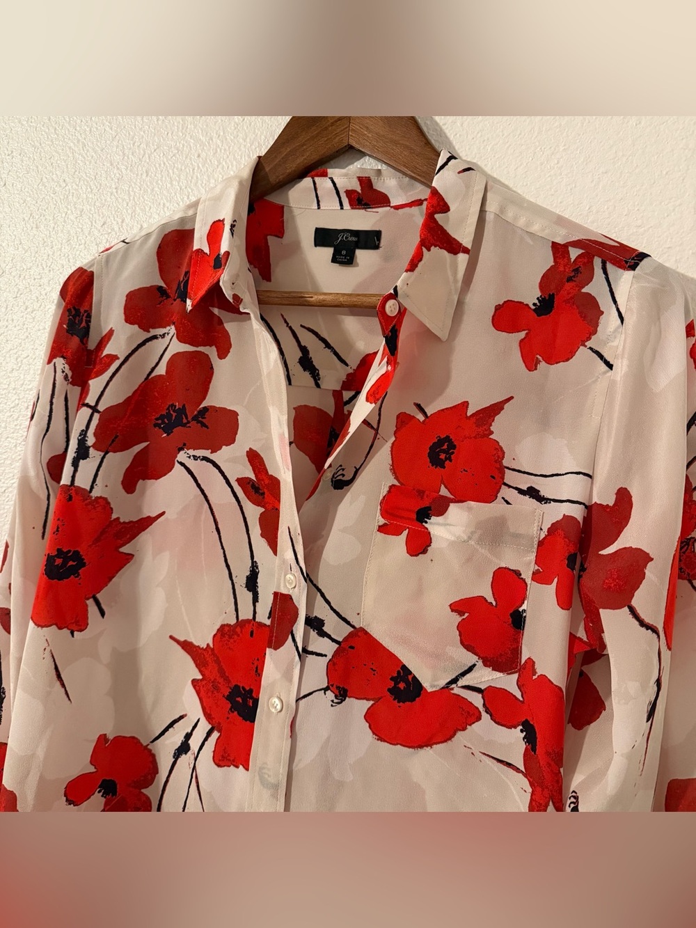 J Crew Silk Chiffon Poppy Print Button Up Long Sleeve Blouse Size 8 - Picture 3 of 10